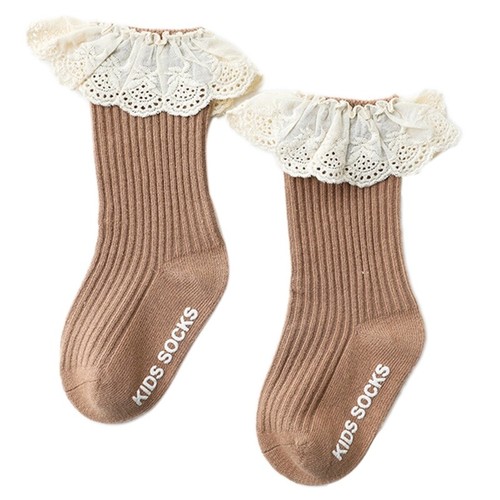 Infant Baby Girls Knee High Socks Ruffled Lace Ribbed Non-Skid Cotton Stockings - Picture 14 of 16