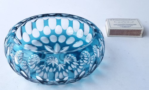 1st of 4. Bowl Aquamarine Blue Overlay Crystal Glass Hand Cut Circa 1930 M774
