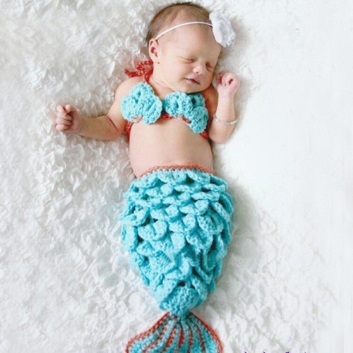 Baby Girl Crochet Knit Sea Mermaid Photography Photo Prop Costume Outfit - Picture 7 of 17