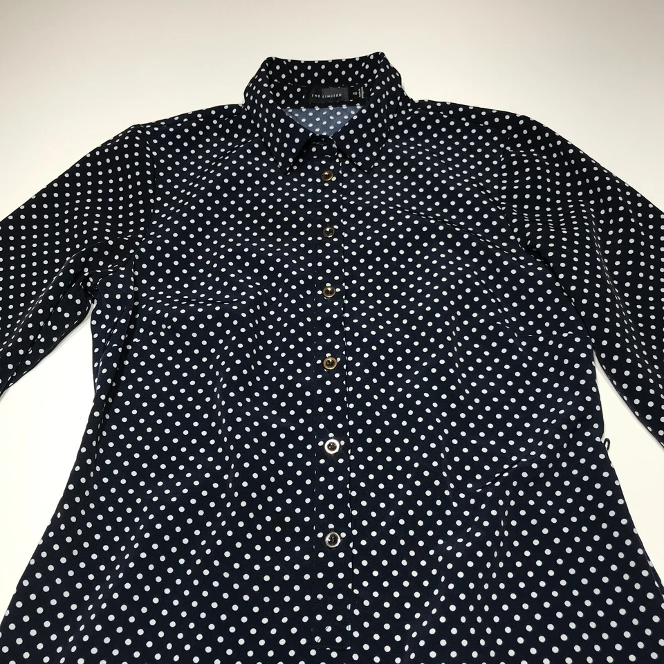 Vestido camisero The Limited para mujer talla XS azul marino y blanco a lunares mangas con lengüeta enrollable Foto 3 de 4