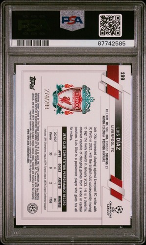Luis Diaz Yellow Foil 2022-23 TOPPS UEFA CLUB COMPETITIONS #199 PSA 10 - Picture 2 of 2