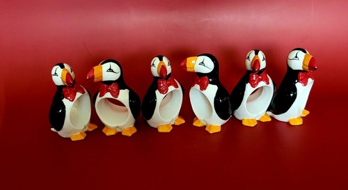 Puffin Napkin Rings All Dressed Up in Their Bowties.  6 Matching, 3.75" Tall - Picture 1 of 3