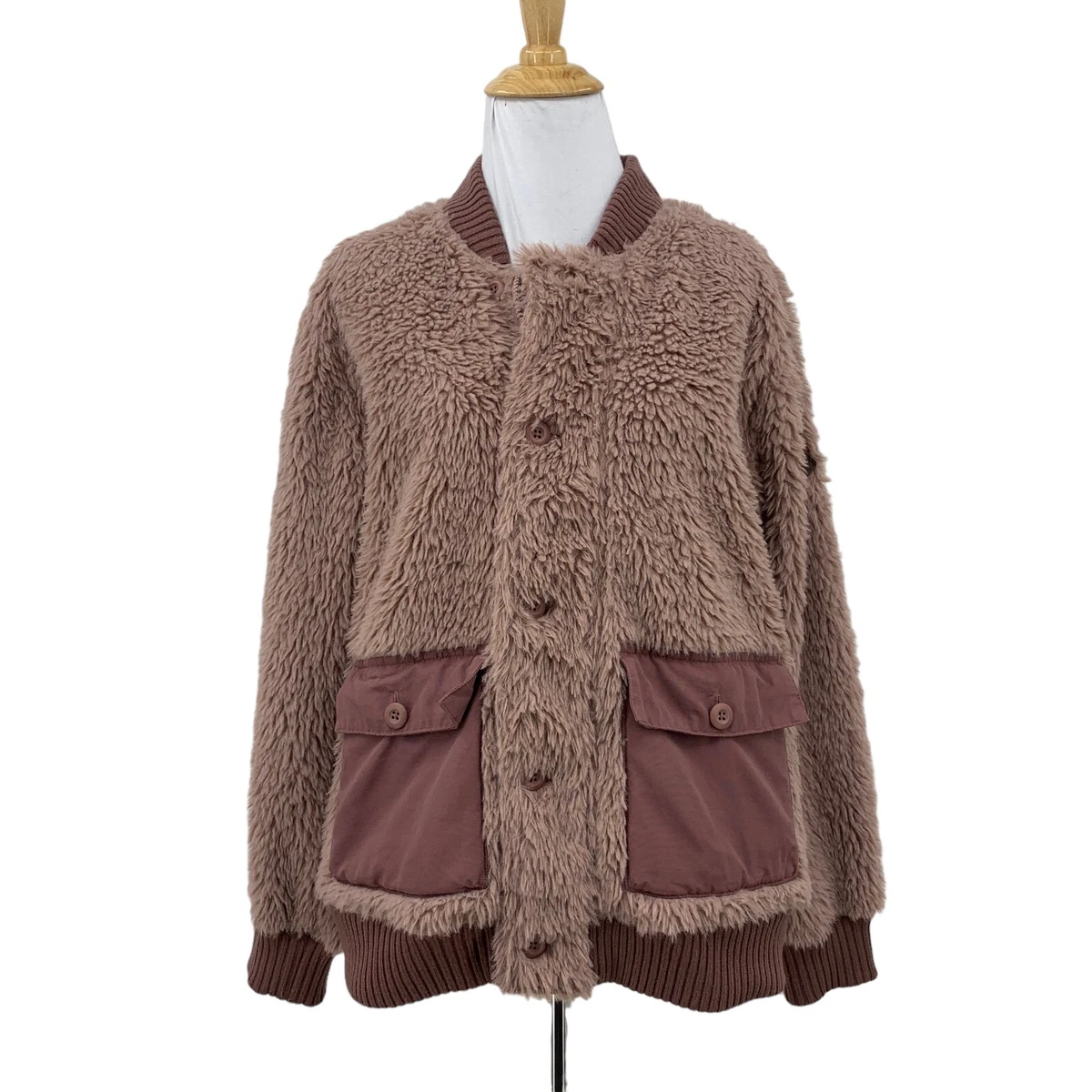 Burton Sherpa Jacket Women L Large Mauve Button Up Utility Pockets High Pile