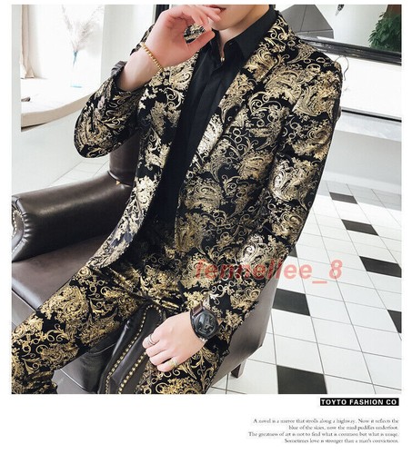 2PCS Mens Lapel Floral Print Suit Coats Vest Jacket Suit Pants Formal Dress Sets - Picture 9 of 14