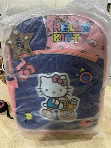 Hello Kitty Deluxe Denim Blue and Pink 16" Backpack, Kid's Book Bag REFLECTIVE - Picture 15 of 15