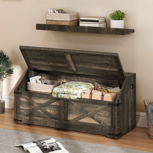 39.4'' Wooden Storage Bench Storage Chest Farmhouse Storage Trunk with 4 Wheels - Picture 1 of 9