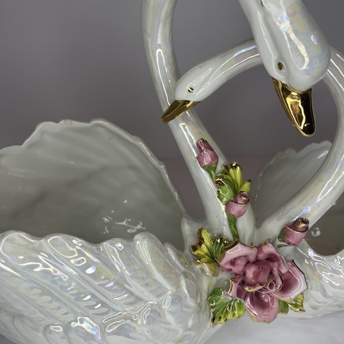 Capodimonte Double Swan & Roses Gold Accents Planter Decor Dish Italy Pearl - Picture 3 of 13