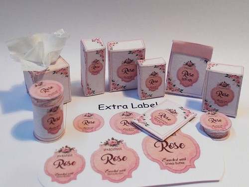 Dolls house - Rose Spa printed KIT makes 9 Toiletry, perfume,tissue box & labels - Picture 6 of 9