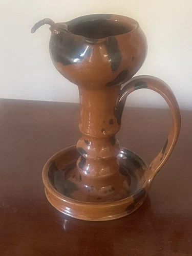 Vtg Signed S Redware Pottery Fat Grease Oil Lamp Betty Handle Folk Art Primitive