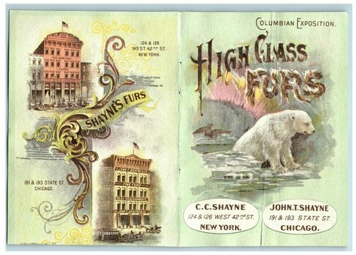 Carpeta tarjeta Feria Mundial 1893 Shayne's Furs NY Polar Bear Tiger alfombra P177 - Imagen 2 de 3