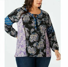 Style & Co Womens Plus 1X Black Carefree Mix Paisley Split Neck Peasant Top NWT