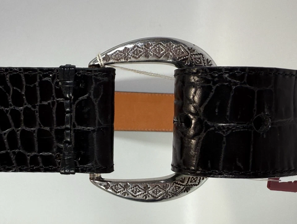 Винтажный 1995 Brighton женщин ремень текстурированный серебряная пряжка черный 1 3/8» Sz L 32-34» - Изображение 3 из 4