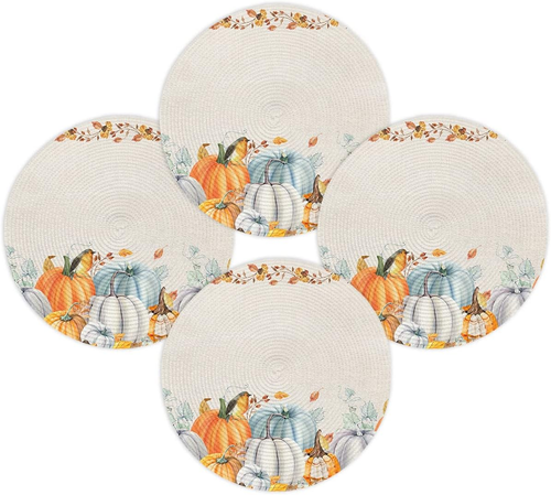 Herbst Runde Tischsets 4er Set Ernte Kürbis Ahornblatt Erntedank Platzsets - Bild 1 von 8