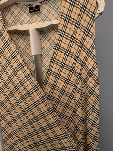 Vintage 1990s Love Love Beige Plaid Sleeveless Wrap Dress Size 14 - Picture 9 of 19