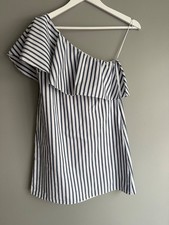 Alice + Olivia Navy White Stripe One Shoulder Ruffle Mini Dress S Zip Closure