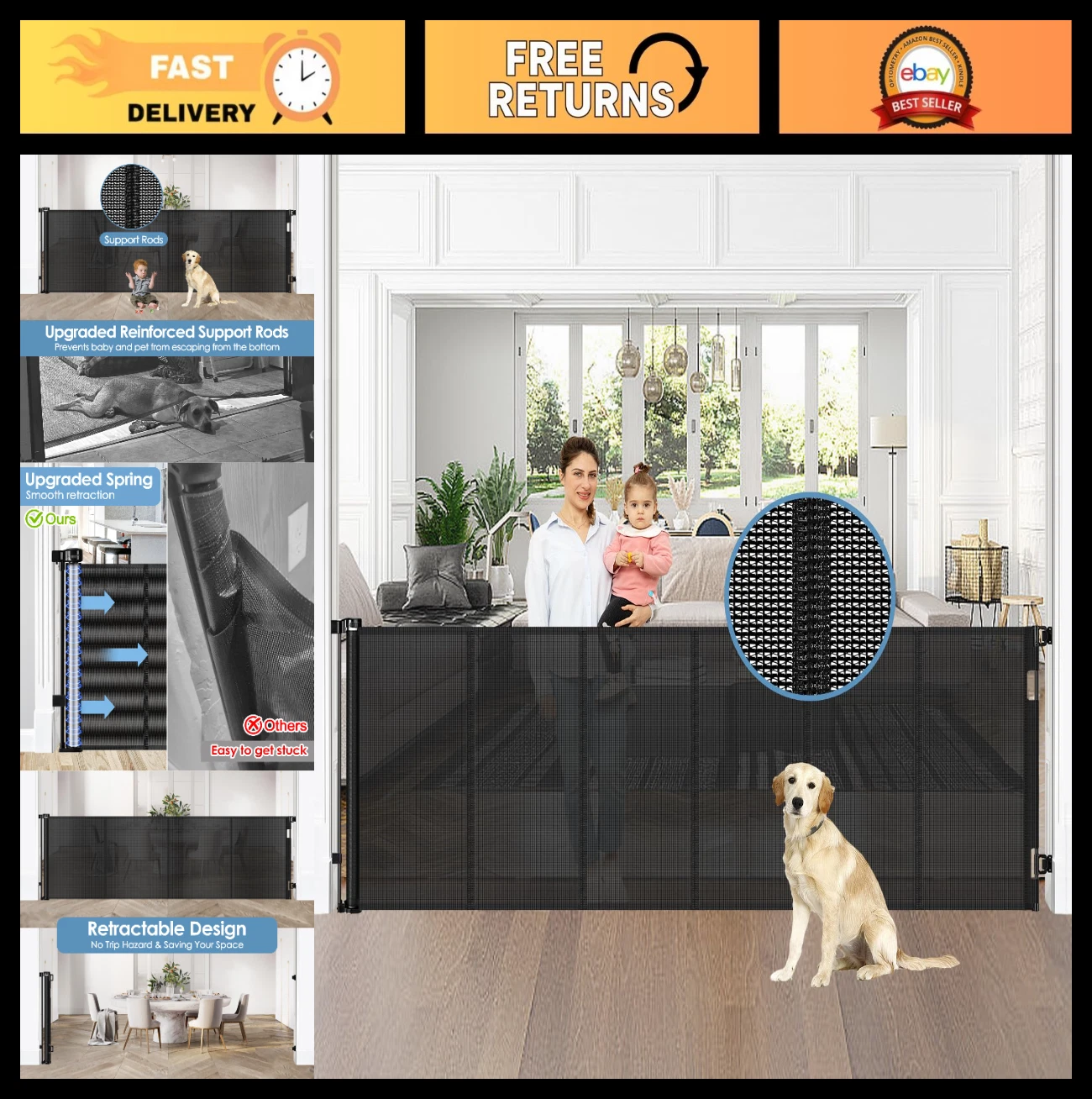 Extra Wide 75” Retractable Baby & Dog Gate - Indoor/Outdoor Mesh Safety Barrier