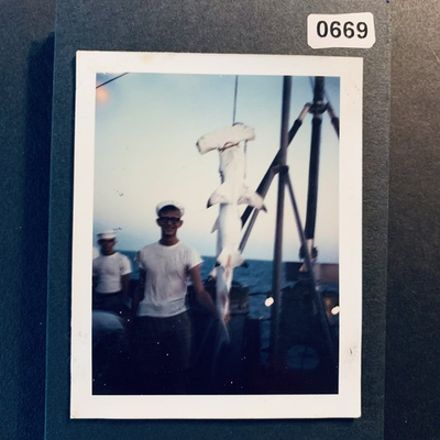 #ad Sailor Fishing Hammerhead Shark 1960s Snapshot Photograph Naval Uniform Boat $7.99