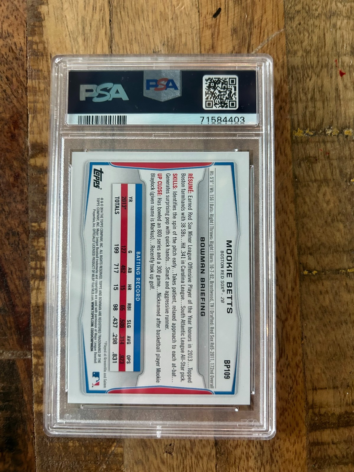 2014 Bowman Prospects #BP109 Mookie Betts RC Rookie PSA 9 MINT�� Dodgers view 2