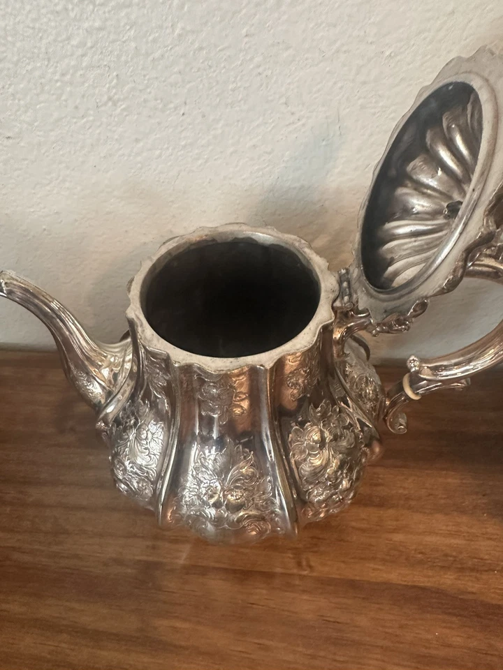 Antiguo servicio de té ELKINGTON inglés plateado - crema, azúcar, tetera c1859 Foto 4 de 4