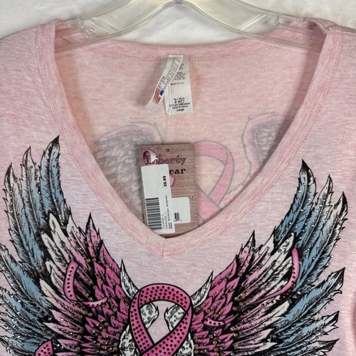 Liberty Wear T Shirt Womens Large Pink Eagle Wings Rhinestone Breast Cancer Tee - Picture 9 of 14