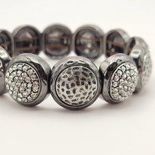 Gunmetal Gray Metal Discs Alternating Hammered and Sparkly Stretch Bracelet