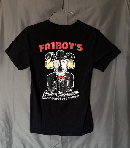Fatboy's Grill And Steamshack Biker Graphic Print Logo T-Shirt Size Medium Black