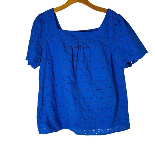 Talbots SZ XL Periwinkle Blue Eyelet Cotton Top Square Neck Cottagecore Short Sl - Picture 6 of 9
