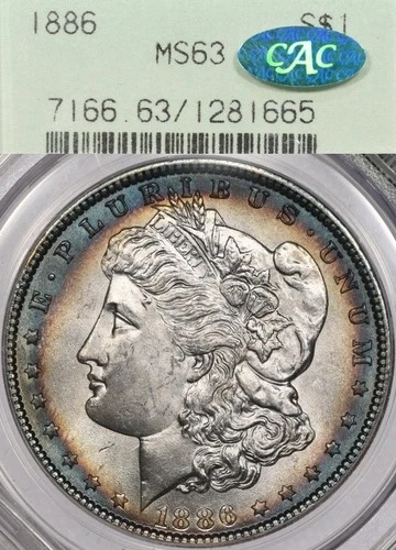 1886 $1 PCGS MS63 CAC OGH 2 Part Holder Morgan Silver Dollar Dual Toned Gen 2.1