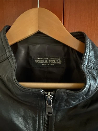 Vera Pelle Men's Genuine Leather Black Bomber Jacket Made In Italy Size 60￼ image 4