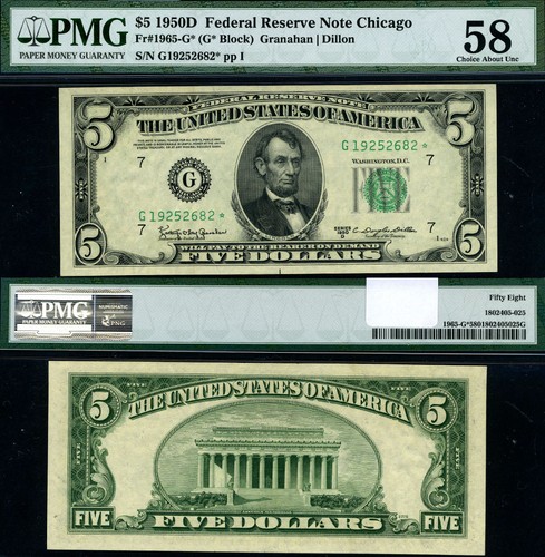 FR. 1965 G* $5 1950-D Federal Reserve Note Chicago G-* Block Choice PMG AU58 Sta - Picture 1 of 3