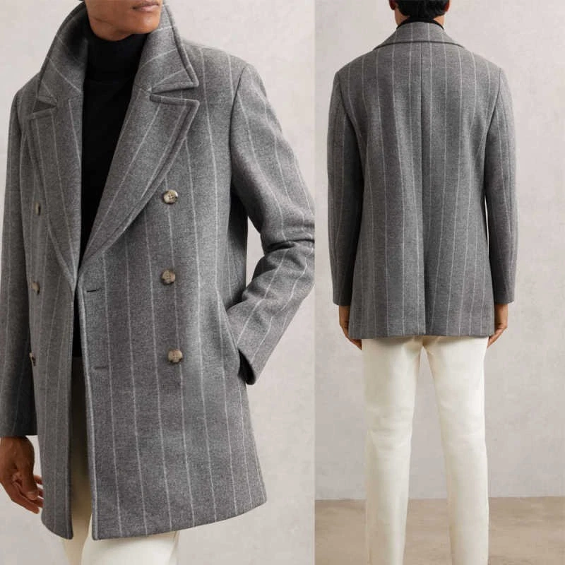 Gray Men's 50% Wool Tweed Striped Coat Double Breasted Warm Casual Blazers