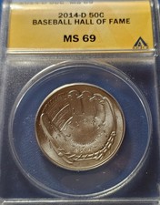 A 2014-D NATIONAL BASEBALL HALL OF FAME UNC. HALF DOLLAR ANACS MS69