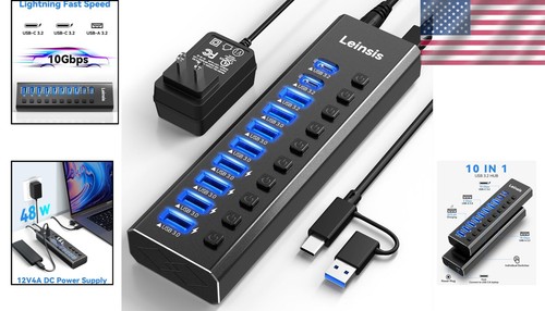 Powerful 10-Port USB Hub 3.2/USB C with Surge Protection - Fast 10Gbps Transfer - Picture 2 of 10