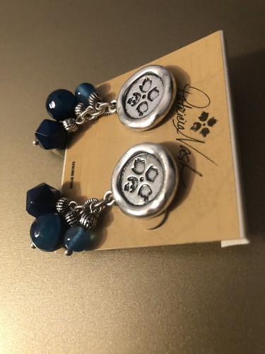 Patricia Nash Wax Floret Silver Medallion Blue Agate Charm Dangle Drop Earrings - Picture 8 of 9