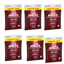 6X Halls Sugar-Free Black Cherry Flavor Drops - Sore Throat Relief Lozenges
