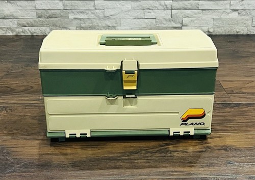 Vtg Plano 707 Tackle Box Tan/Green Handle 2 Drawer USA With Top Storage - Picture 1 of 19