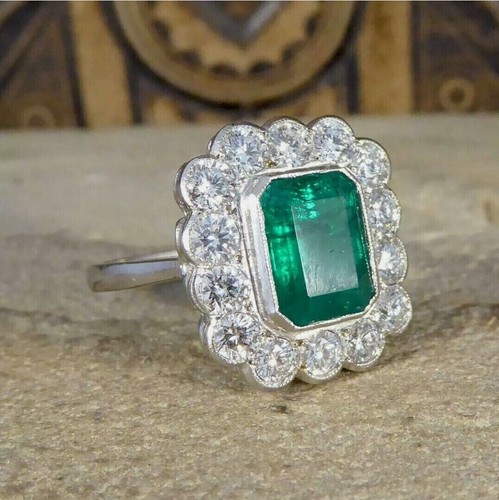 3 Ct Simulated Green Emerald Halo Anniversary Party Ring 14K White Gold Plated - Picture 3 of 10