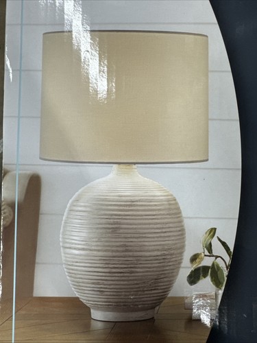 Hampton Bay Finch 22 in. Distressed White Ribbed Table Lamp White Linen Shade