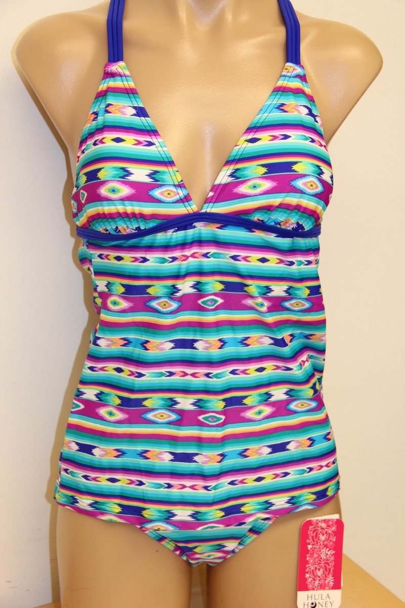 NWT Hula Honey Swimsuit Bikini Tankini 2pc set Sz L M Multi Blue