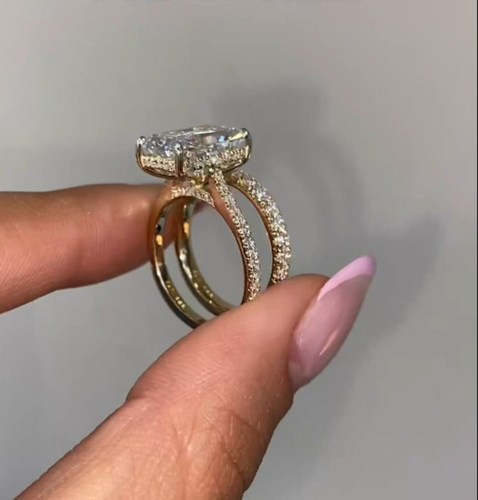 4,0 kt strahlender Moissanit Halo Braut Set Verlobungsring 14 K Gelbgold vergoldet - Bild 4 von 13