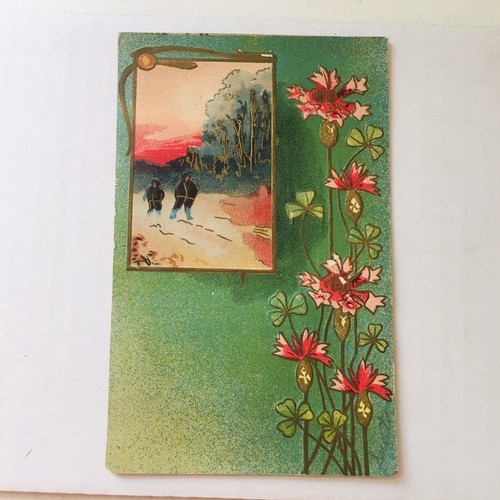Green Background Pink Flowers Postcard Signed Santa Ralph White Rockford - Picture 1 of 7
