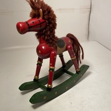 Vintage Hand Crafted  Red Green Painted Small Wooden Toy Rocking Horse 6.5  Tall