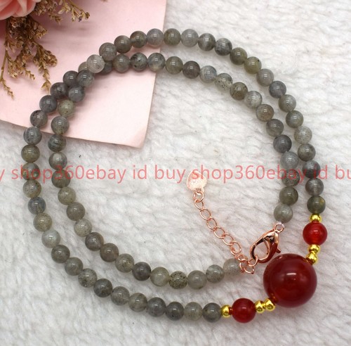 Natural 4mm Gray Labradorite Round Gemstone Beaded Red Agate Necklace 16-28in - Picture 12 of 12