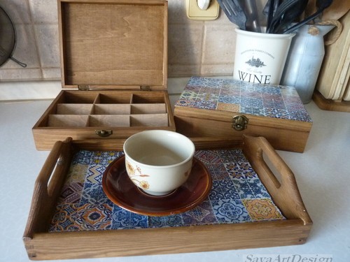 Caja de Té de Madera Pintada y Bandeja de Té Opcional. Imitación Cerámica. - Imagen 6 de 16