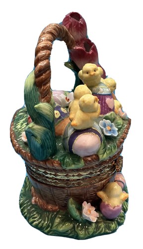 Vintage Easter Ceramic 6”T Trinket Basket With Flowers, Chicks & Eggs PO - Bild 4 von 11