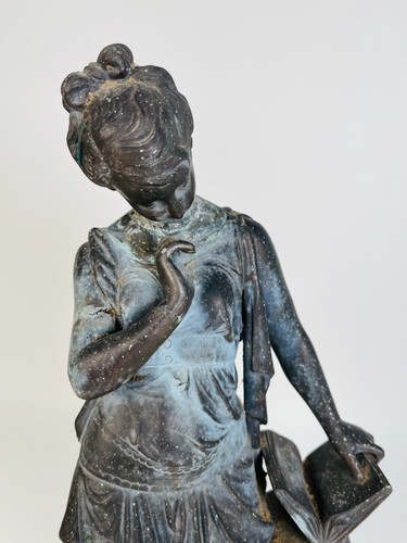 Antique Late 1800s Cast Metal Neoclassical Sculpture Of Woman W/Book On Wood - Picture 6 of 16