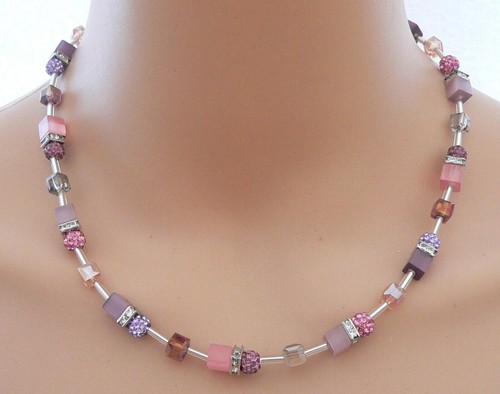 Halskette Collier Würfel Kristallglas Shamballa Strass Lila Violett Rosa 546e - Bild 13 von 21