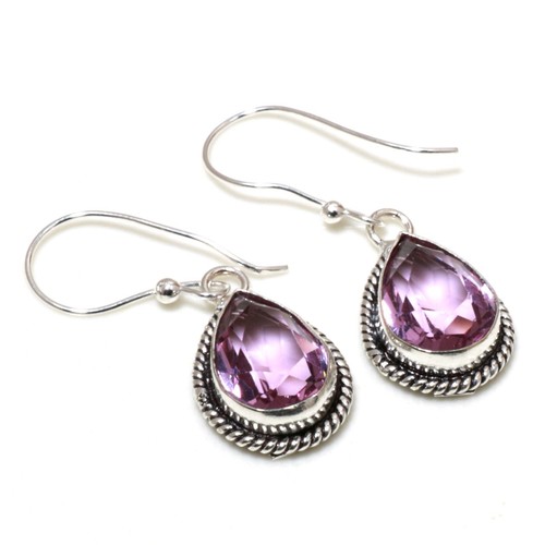 925 Sterling Silver Purple Amethyst Gemstone Handmade Earring Jewelry Size 1.58"