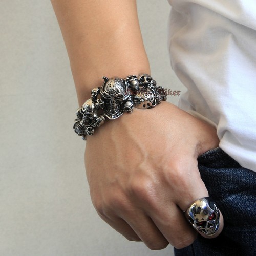 316L Stainless Steel Knight Templar Skull Head Cuff Men's Bangle Bracelet Silver - Picture 5 of 6