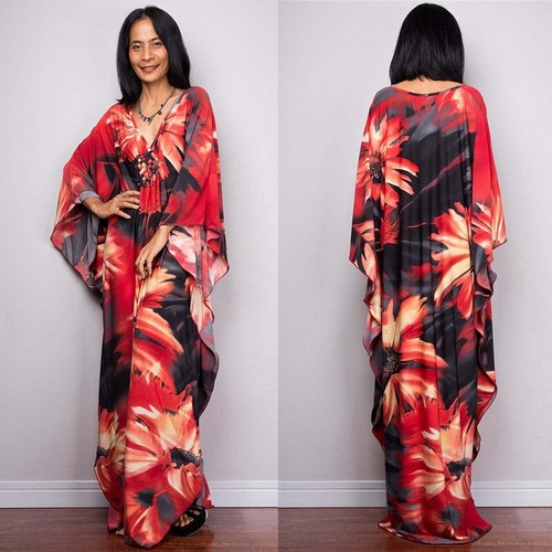 Women V-neck Floral Stripe Maxi Dress Bohemian Baggy Kaftan Vintage Casual Loose - Picture 10 of 19